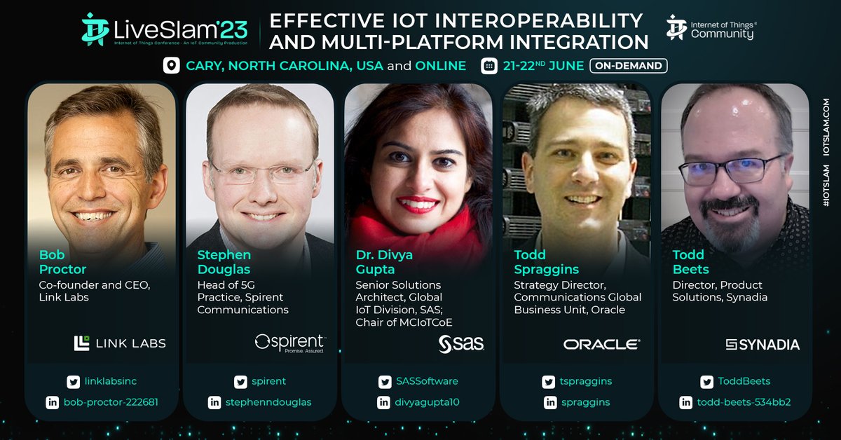 Join #IoTCommunity IoT Slam Live '23 #MCIoTCoE Panel. Tune in as @SASsoftware, @LinkLabsInc, @synadia, @Oracle & @Spirent discuss how IoT standards strive to achieve interoperable & cost-effective solutions
June 21-22, SAS HQ Cary & On-Demand
iotslam.com/session/mciotc…
#IoTSlam #IoT