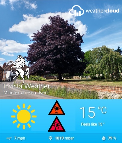 Invicta Weather : Current Weather Conditions 15:51 hrs BST 06/06/2023. More data at: app.weathercloud.net/d2793459287 #Weathercloud #Weather #WeatherReport #WeatherStation #PWS #Weathernews #weather #lookforthehorse #IsleofSheppey #Kent #Invicta #Tuesday #UV #pollen #sunny #breezy