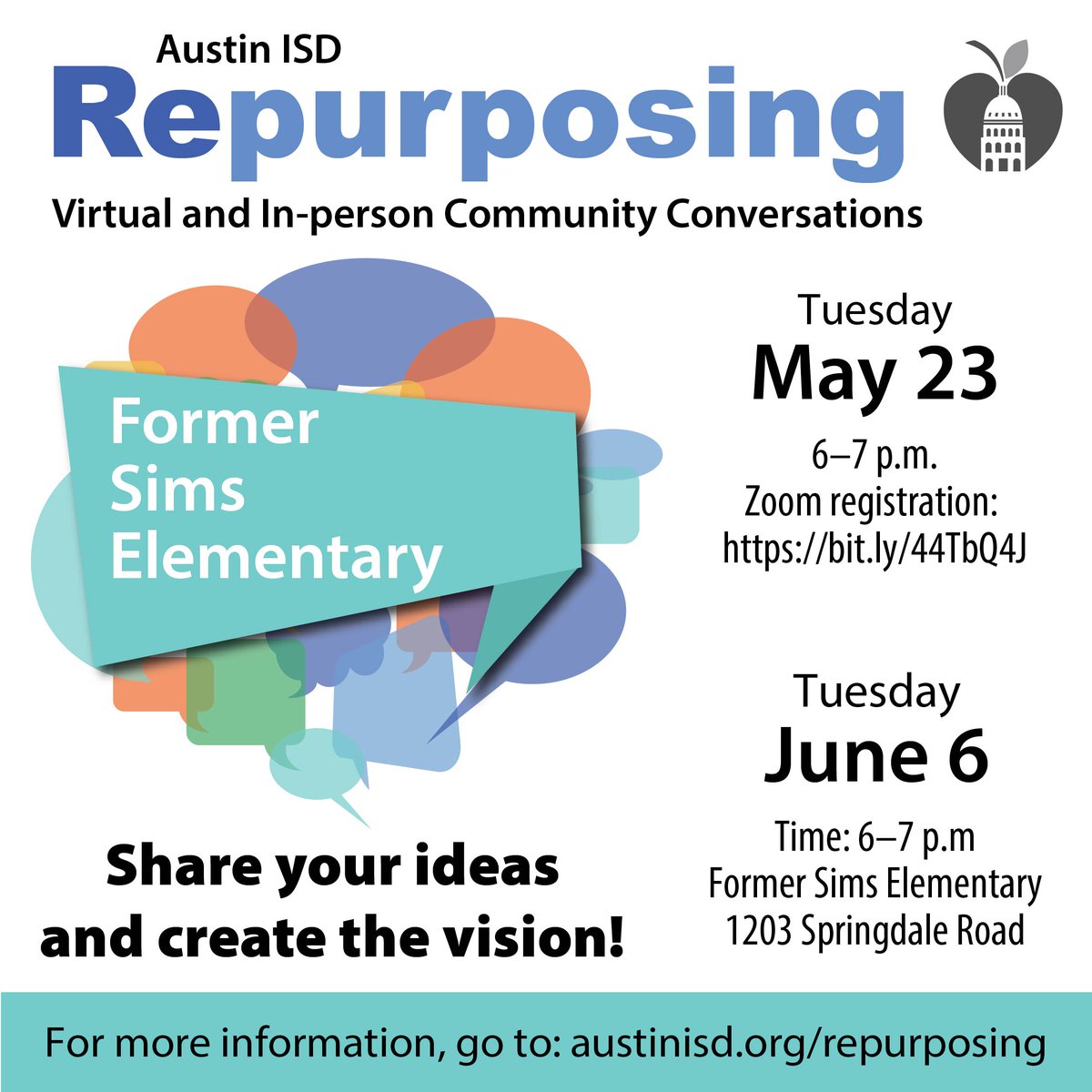 Join me, @GloriaVeraBedo1, @JoyDiaz_TXGov, and @AustinISD tonight at 6PM in-person for a community conversation about the former Sims Elementary campus. We want to hear your ideas to help share the future use of this site! #atx #aisdproud