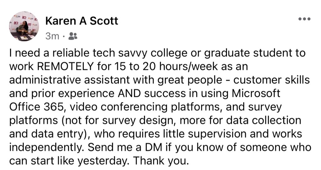Karen A Scott MD MPH FACOG (@rjepiobwarrior) on Twitter photo This is an independent contractor position for the role of Admin Asst remote work 15-20 hours/wk, June 2023 to September 2023. Please send me a DM with a resume showing you have prior skills and experiences listed below, 3 references, and we will go from there. Thx! This is an independent contractor position for the role of Admin Asst remote work 15-20 hours/wk, June 2023 to September 2023. Please send me a DM with a resume showing you have prior skills and experiences listed below, 3 references, and we will go from there. Thx!