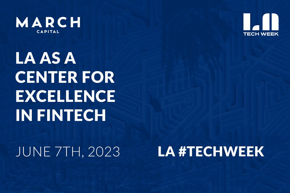 #MarchCapital is hosting our LA #TechWeek event tomorrow evening, and we are excited to spend time with other members of the #LAtechcommunity! 

Learn more about Tech Week 2023 here: tech-week.com

#LATechweek #Innovation #Technology #FinTech #LosAngeles