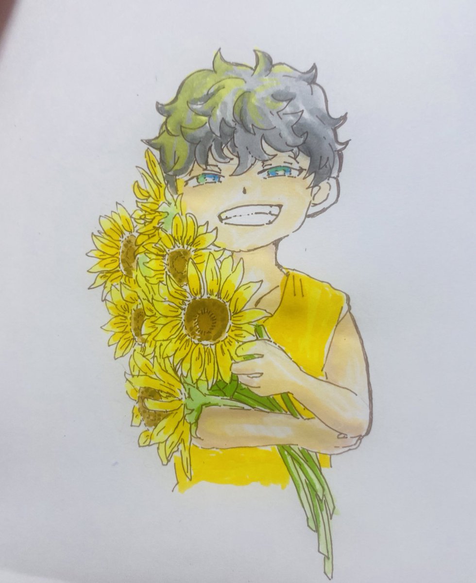 flower solo sunflower yellow shirt 1boy smile male focus  illustration images
