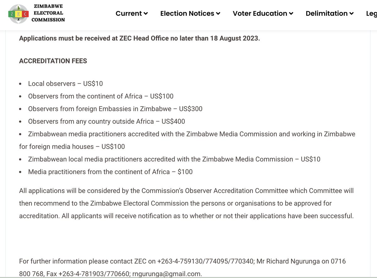 OBSERVERS ACCREDITATION| #ZimbabweElections2023 Accreditation for local and international observers to the Zimbabwe elections on August 23, 2023 are now open according to @ZECzim This is therefore time for all those intending to observe to apply for accreditation and prepare