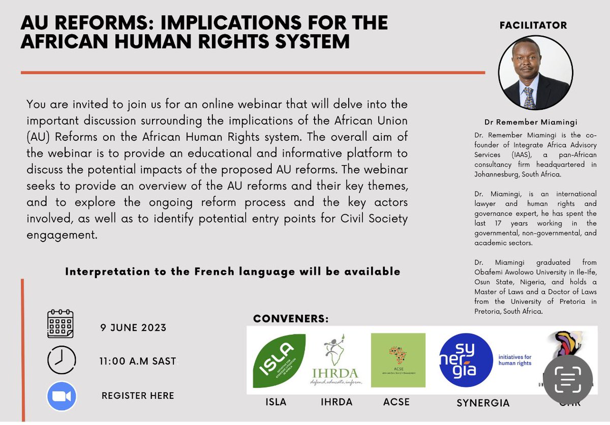 Join us for the webinar “AU Reforms: Implications for the African Human Rights System” facilitated by Dr. <a href="/miamingi/">Remember Miamingi</a> and convened with <a href="/ISLAfrica/">ISLA</a> <a href="/IHRDAfrica/">IHRDA</a> and the Center for Human Rights - UoP. Register at us02web.zoom.us/webinar/regist…