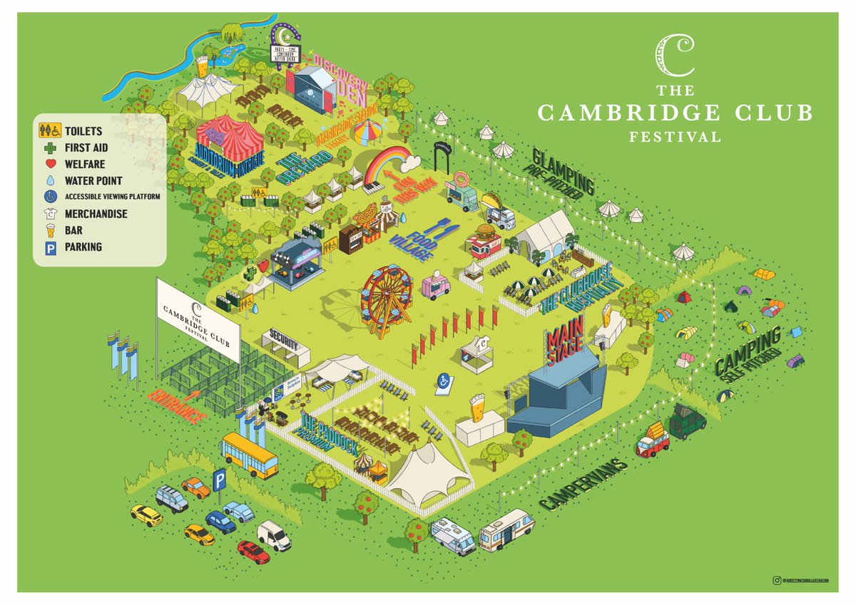 🗺 SITE MAP for this weekend! 🕺
Our beautiful 2023 site map is here for you all to feast your eyes on. We are SO excited to welcome you all – just 3 DAYS to go!! See you soon...
Artwork courtesy of Kirsty Watson Illustration 👌

#cambridge #festivals #cambrideshire #livemusic