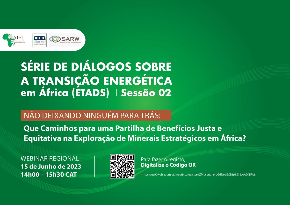 Junte-se a nós, a segunda sessão da série de diálogos de transição energética em África que tem o tema:  “Não deixando ninguém para trás” 
Dia 15 de Junho pelas 14h00 
#ETADs #EnergyTransition #JustTransition #TransitionMinerals #JET