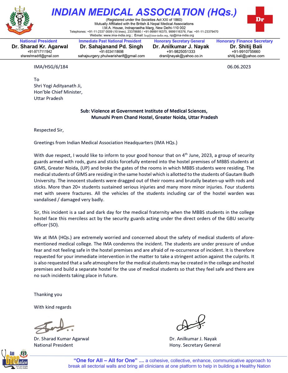 IMAIndiaOrg's tweet photo. Copy of letters addressed to @mansukhmandviya , Hon'ble Union Health Minister, @myogiadityanath  , Hon’ble Chief Minister, U.P &amp; Dr. Sandhya Bhuller, Secretary, NMC regarding Violence at Government Institute of Medical Sciences, Munushi Prem Chand Hostel, Greater Noida, U.P https://t.co/U7VsLh0b9i