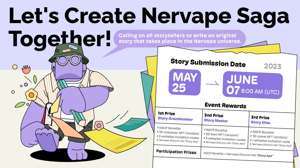 ✍️ Let’s Create Nervape Saga Together ends TOMORROW!
👉 Deadline: June 7th, 8am UTC.
🦴Last chance to win a 3D NFT, bonelist, bonelist invitations, featured on our socials and more!

1️⃣ Write a Nervape-inspired story, 100 word minimum, on Google Docs, Medium, etc...
2️⃣ Post on…