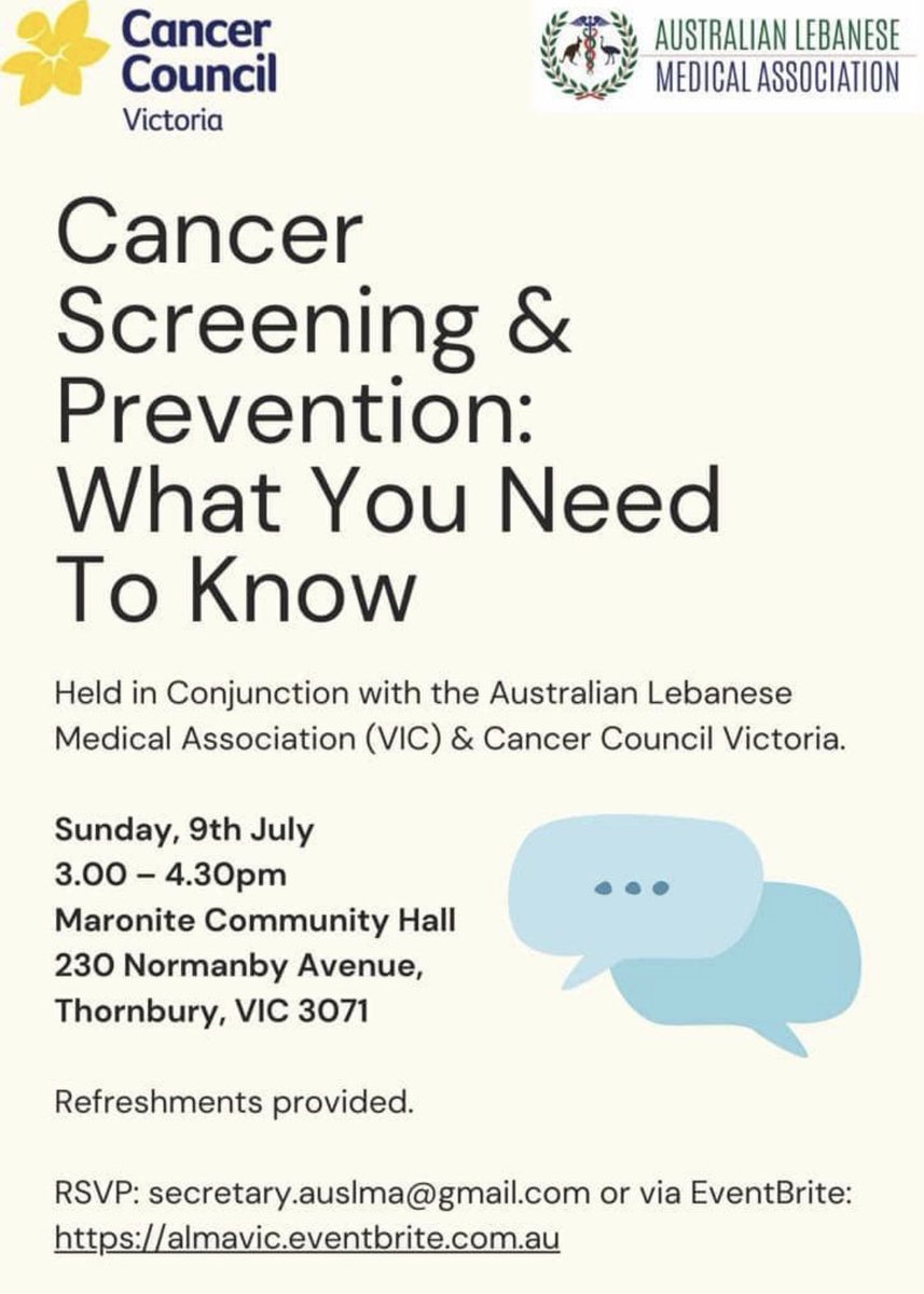 Australian Lebanese Medical Association (ALMA) (@alma_australia) on Twitter photo On behalf of ALMA and Cancer Council Victoria we invite you to join us at our upcoming talk. Details below👇🏻👇🏻👇🏻👇🏻👇🏻👇🏻👇🏻👇🏻👇🏻👇🏻👇🏻👇🏻
RSVP: secretary.auslma@gmail.com
or using the link
almavic.eventbrite.com.au #events #cancercouncil #communitytalk #cancersucks #fucancer #melbourne On behalf of ALMA and Cancer Council Victoria we invite you to join us at our upcoming talk. Details below👇🏻👇🏻👇🏻👇🏻👇🏻👇🏻👇🏻👇🏻👇🏻👇🏻👇🏻👇🏻
RSVP: secretary.auslma@gmail.com
or using the link
almavic.eventbrite.com.au #events #cancercouncil #communitytalk #cancersucks #fucancer #melbourne