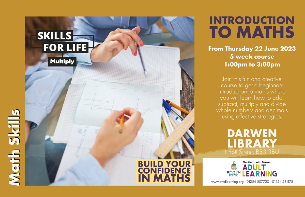 📚🧮 Discover the world of maths at Darwen Library! From Thursday, 22nd June 2023, join our exciting 5-week course: Introduction to Maths. 🎉📐

🕒 Time: 1:00pm to 3:00pm
📆 Duration: 5 weeks #MathematicsCourse #DarwenLibrary #LearningOpportunity