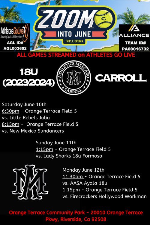 Zoom Into June schedule is out!!! Come check us out!! Talented group of student athletes!!
All of our games will be played at Orange Terrace Community Park. 
2023’s (2), 2024’s (5), 2025 (1)