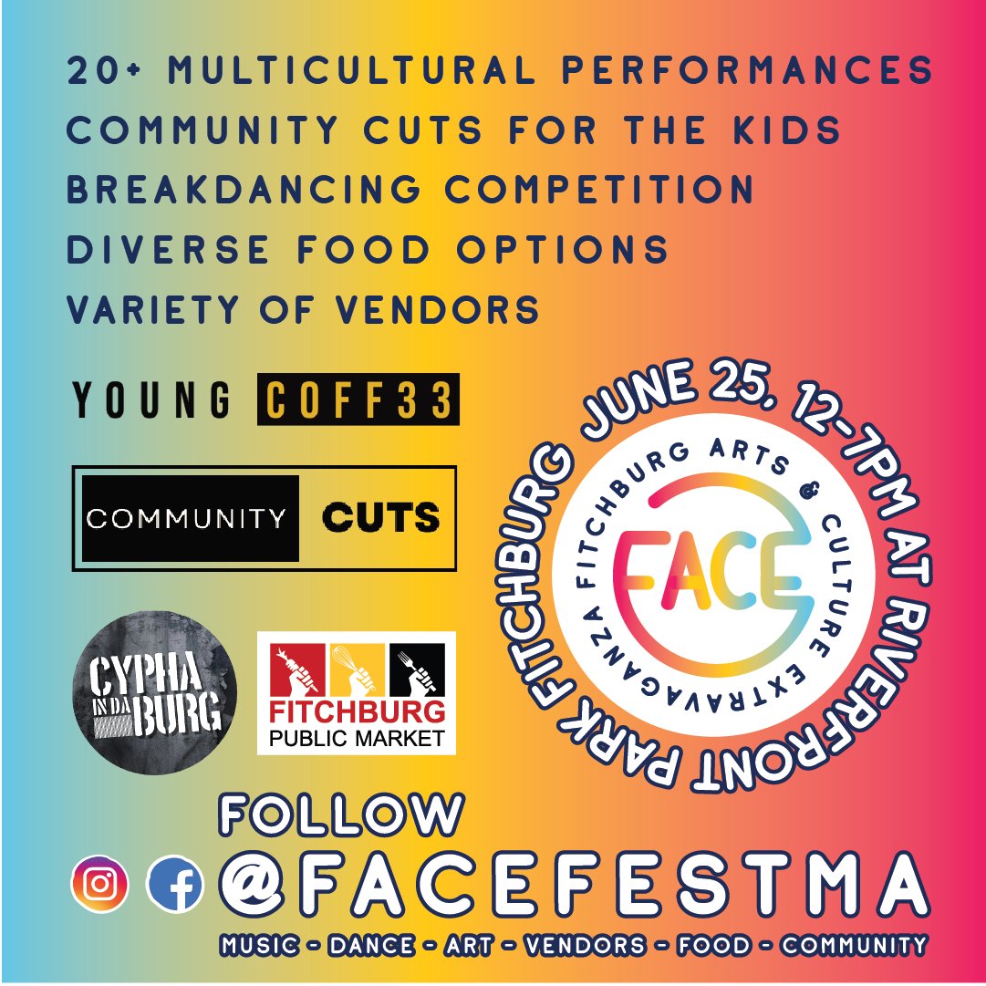 Follow @FaceFestMA for all the latest updates on the fantastic lineup of vendors and performers! 🎉 Don't miss out on this multicultural celebration! See you there! 🙌✨ #FaceFest #fitchburgfestivals