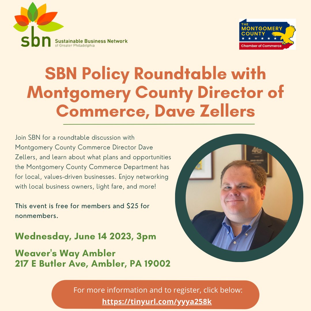 .@sbnphila is hosting a roundtable with @MontcoCommerce on incentives, tax credits & grant opportunities available to local, values-driven businesses as well as on sustainability in business. Join in at 3 p.m. on June 14 at Weaver's Way Cafe in Ambler. sbngreaterphilly.app.neoncrm.com/np/clients/sbn…