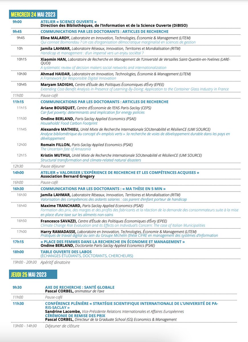 La 1ère édition de la SFREM (GS Economie & Management Paris-Saclay) s'est déroulée du 23 au 25 mai 2023. L’occasion de beaucoup d’échanges et de rencontres, un grand merci aux participants! Rdv en octobre 2023 pour la 2ème édition! @UnivParisSaclay @FJMOfficiel @umi_source