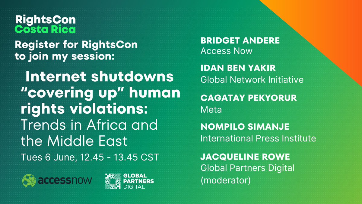 How do internet shutdowns intersect with violations of political rights and state violence across Africa and the Middle East? If you're at RightsCon in-person, join our dialogue *today* at 12.45 in the Puntarenas room. Details below ⬇️