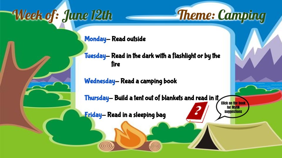 This week's theme is camping! Make sure to post a picture and tag us for each day's challenge to be entered to our weekly prize drawing! #WarriorsRead