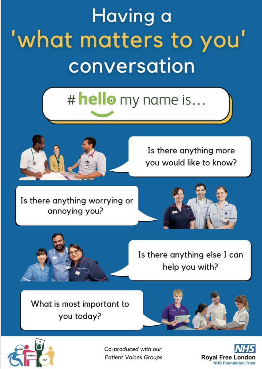 In honour of 'what matters to you?' day, our colleagues in QI have launched a new conversational prompt (co-designed with our patient voices groups) to help our staff find out what matters to our patients every day. Look out for the new posters at each hospital!#WMTY23