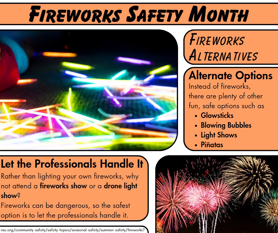 4th of July is next week!

Stay safe by opting for alternatives to #fireworks such as glowsticks!

Check the graphic for more ideas!

Visit the link below for more tips on staying safe!

nsc.org/community-safe…

#fireworkssafety #fireworkssafetymonth