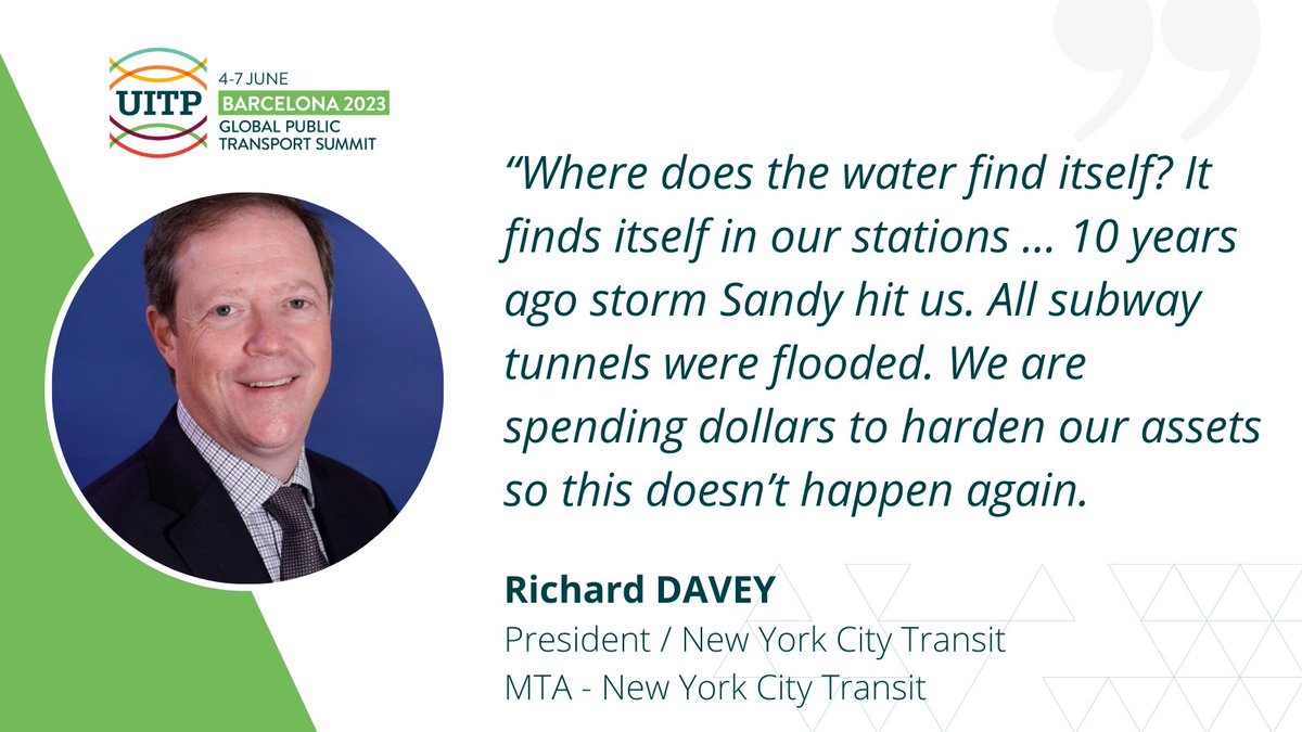 Flashfloods. Superfloods. Climate Change. Resilience and preparation are key in combatting these challenges.

Richard Davey of <a href="/MTA/">MTA</a> joins us for our session on,
'Getting ready: adapting public transport to climate change and extreme weather events'.

#UITP2023