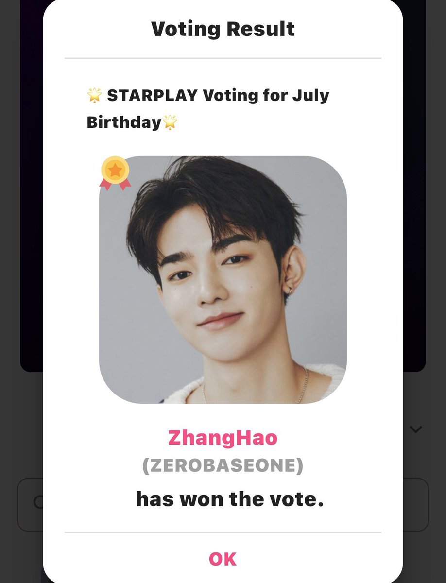 Congratulations #ZHANGHAO 🎉

ZHANG HAO won 1st place in STARPLAY and will receive Shinchon U-PLEX Indoor and Outdoor ads. 

Thank you to Ze_roses for contributing to Zhang Hao’s July birthday poll on Starplay. Let’s continue working hard for his other Birthday projects.…