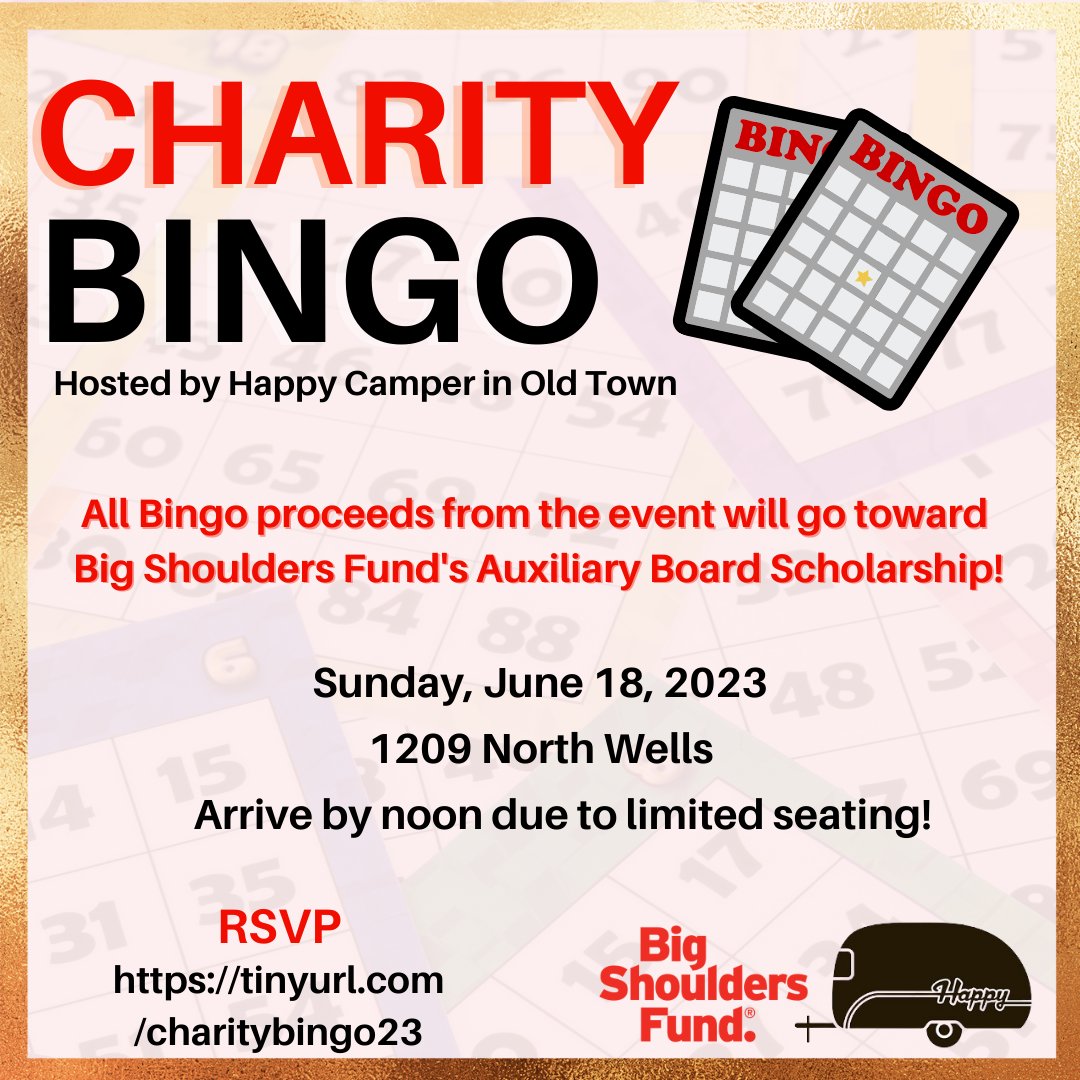 We are excited to share that we are partnering with Old Town's Happy Camper Pizza Parlor for Charity Bingo on 6/18! All bingo proceeds from the event will go toward the Auxiliary Board Scholarship Fund. This 21+ event is open to the public. RSVP Today! tinyurl.com/charitybingo23
