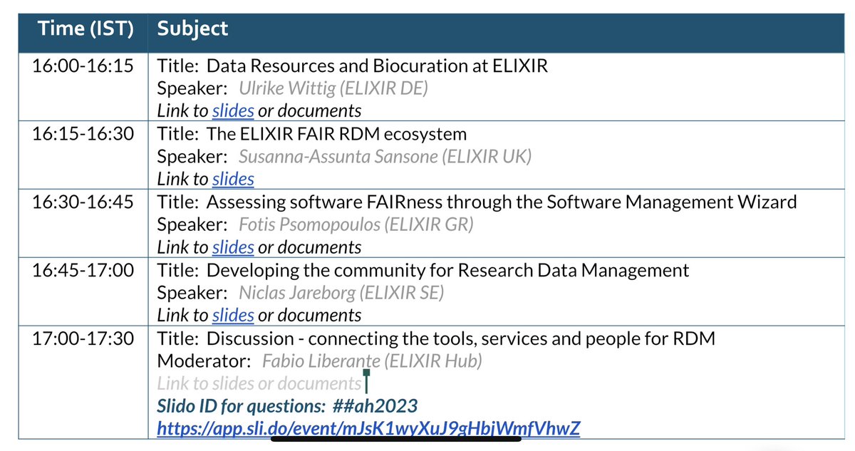 SusannaASansone's tweet image. #ELIXIR23 “Mini-Symposium: Data &amp;amp; Software - Knowledge Management” follow us &amp;amp; my talk on how we work to create a coherent ELIXIR FAIR RDM ecosystem in the Interoperability Platform with #FAIRcookbook &amp;amp; #RDMkit at its core! All presenters’ slides at ➡️ docs.google.com/document/d/1yw…