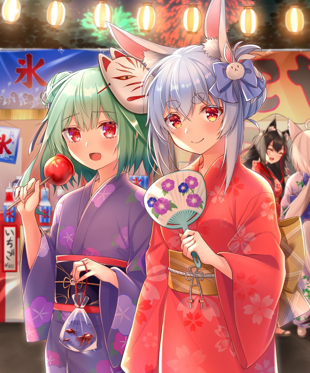 ookami mio ,usada pekora japanese clothes multiple girls kimono animal ears mask hand fan red kimono  illustration images