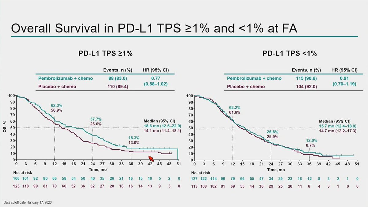 KN-789, chemo/pembro v chemo/placebo: signif benefit in PFS, non-signif trend in OS favoring pembro arm. Though this will likely lead to chemo as clearly favored next Rx in acquired resistance, OS is more favorable in those w/PD-L1+. Wonder what anti-VEGF would add #ASCO23 #LCSM