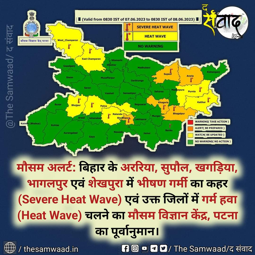 the_samwaad's tweet photo. मौसम अलर्ट: बिहार के #अररिया, #सुपौल, #खगड़िया, #भागलपुर एवं #शेखपुरा में भीषण गर्मी का कहर (Severe Heat Wave) एवं उक्त जिलों में गर्म हवा (Heat Wave) चलने का मौसम विज्ञान केंद्र, पटना का पूर्वानुमान। The Samwaad

#मौसम_अलर्ट #बिहार #भीषण_गर्मी #गर्म_हवा https://t.co/1VFn4OxH3i