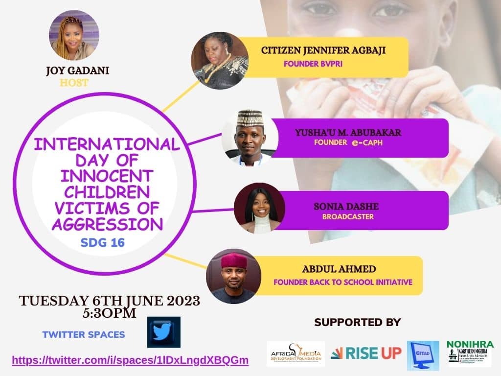 SoniaDash's tweet photo. Today I'd be joining @joygadani and others to speak on the international day of innocent children victims of aggression.

Join us as we discuss sustainable solutions to the end all forms of aggression against children.
https://t.co/qB1GYuibWg https://t.co/y5I2I1CiEf