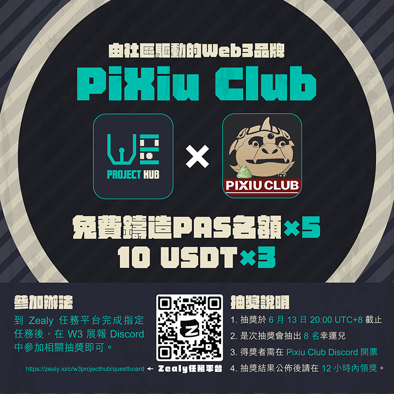 W3ProjectHub's tweet photo. 【誓要成為Web3的貔貅，PiXiu Club二代NFT即將面世】本新聞由@KumaSanki報導

⚠️文末有抽獎活動。

已營運一年的 @pixiuclub，是一個由社區驅動的 Web3品牌。比起很多已經陣亡的品牌項目，PiXiu Club 靠著對元宇宙的熱情、社群的支持與創意，先在去年 6 月以免費鑄造方式成功完售 2,000 枚 PiXiu Never Poop NFT（下稱PNP），後在今年 1 月向持有者空投 $PNPC 代幣，並成功在熊市中保持社群熱度。

而現在，PiXiu Club 即將進入下一個里程碑，第二個 NFT 系列：PiXiu Alchemy Stove（下稱PAS）公售在即。究竟 PiXiu Club 有什麼吸引力，可以讓他們在艱難時刻依然屹立不倒？本文將向各位讀者簡單介紹。

🪴 渴望轉禍為祥的品牌故事，PiXiu Club讓社群成員從不孤單

PiXiu 即是貔貅，是中國傳說中的一種瑞獸，有「轉禍為祥」之意。而在 PiXiu Club 的品牌概念上，貔貅不但象徵了「直面命運、成就精彩的勇氣與決心」，還能夠成為持有者的 Web3 幸運符，讓各位不會在 Web3 路上感到孤單。

為了達成理想，PiXiu Club 除了積極撰寫自己的品牌故事，還致力建設一個可持續發展的元宇宙生態系統，透過 NFT 技術、去中心化應用及社群，讓 PiXiu Club 品牌能夠為持有者提供更實在的福利與支援，如發展實體周邊系列、每周無門檻 USDT/ETH 抽獎活動等，努力給予社群成員最佳福利。

🪴 長期提供無門檻福利，持續為持有者提供新賦能

被問及 PiXiu Club 跟其他品 NFT 品牌項目相比有什麼特別的優點時，項目負責人 Dimoo 肯定地回答：「項目最大的有點是，長期穩定，資金雄厚！一年多以來社群不間斷的無門檻福利，任何人都可以參與，我覺得真正為 Web3 的人們帶來好運和福利！」

Dimoo 更指出他們一直以來都認真對待每一個子項目，即使是最開始的 Free Mint 項目 PNP，他們仍不斷地提供新賦能，讓 PNP 變得更有價值。事實上，PNP 的地板價曾經躍升至 0.15 ETH，而面對近期市況，雖然有零星的低價轉售情況，但普遍出售價格仍維持在 0.04 ETH，可見 PiXiu Club 的大多數持有者確實認為項目擁有比免費更大的潛在價值。

🪴 W3展報 x PiXiu Club抽獎
@pixiuclub 第二個 NFT 系列 PAS 即將發售，公開鑄造價格為 0.025 ETH 或 30,000 PNPC，並提供500個免費名額。如果你想知道要如何取得相關名額、白單或更多資訊，歡迎加入他們的 Discord 社群（https://t.co/szaKz7vsy8），又或參加 W3展報 x PiXiu Club抽獎活動。

由即日起至 6 月 13 日 20:00，只需前往本報的 Zealy （https://t.co/TLdwQmXkCF）完成簡單任務，即可到 W3展報社群參加抽獎。本次活動將抽出 5 個免費鑄造 PAS 名額及讓 3 名幸運兒獲得 10 USDT。在此先祝各位讀者能成為幸運兒，獲得心宜獎品。

———    
本報導由 W3展報 發佈，PiXiu Club贊助，購買前記得 DYOR。     
全文內容及更多圖片可瀏覽 W3展報 網站：https://t.co/N4nDhCq4nK

W3展報是一個主要以繁體中文報導 NFT 項目消息的媒體，同時會進行英中或日中翻譯工作，以連結世界各地的項目消息。如果你有興趣授權我們報導或刊登你的文章，請到本報 Discord （https://t.co/DFe8mDWZOd）聯絡我們。