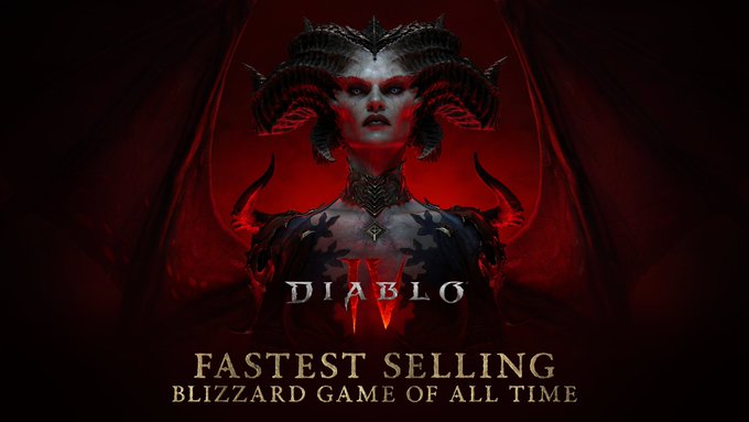 Lilith stands against a black and glowing red background with a Diablo 4 logo. Text underneath reads, Fastest Selling Blizzard Game of All Time.