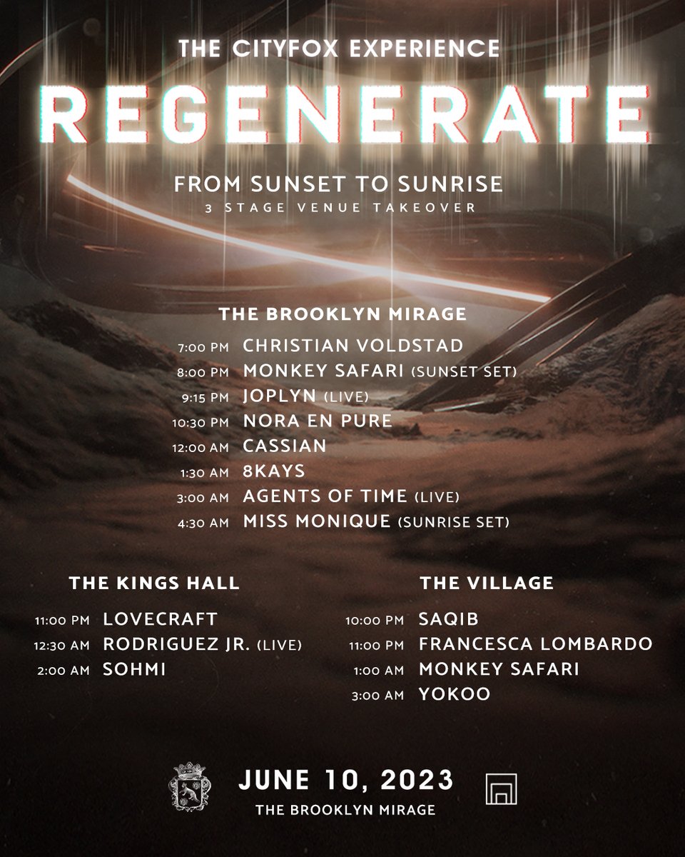 The Brooklyn Mirage (@brooklynmirage) on Twitter photo It's time to plan your sunset to sunrise journey through three stages of music at <a href="/CityfoxExp/">The Cityfox Experience</a>: Regenerate. A new era begins this Saturday.
Limited tickets remain, don't miss out → link.dice.fm/mbed1116dd06 It's time to plan your sunset to sunrise journey through three stages of music at <a href="/CityfoxExp/">The Cityfox Experience</a>: Regenerate. A new era begins this Saturday.
Limited tickets remain, don't miss out → link.dice.fm/mbed1116dd06
