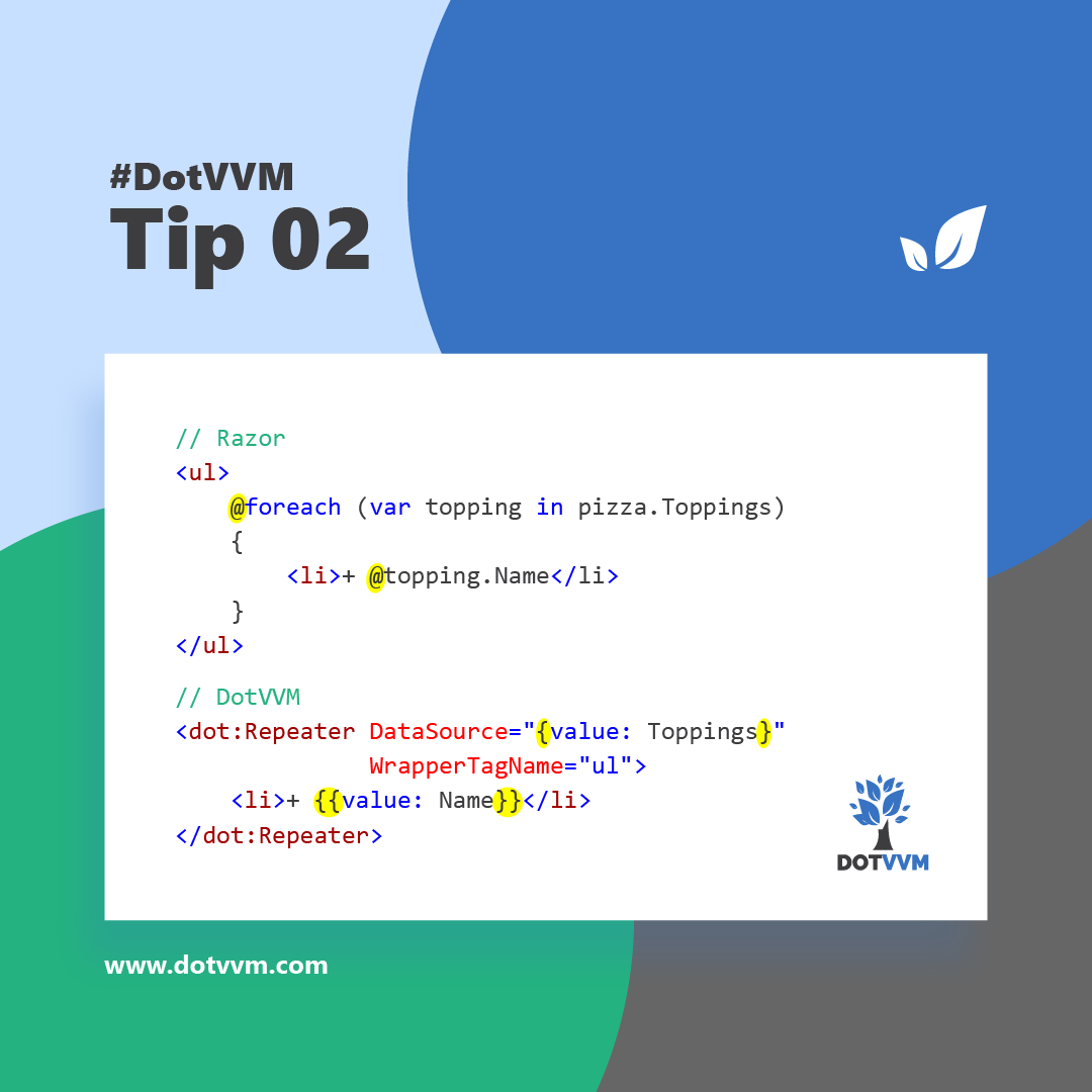 dotvvm's tweet photo. 💡 #TipsandTricks
#DotVVM syntax is different from Razor. Instead of foreach blocks, use the Repeater control and bind it to a collection of objects.

📖 Read more: https://t.co/p1hZ9W8ceC

#OSS #dotnet #opensource #framework #DotVVMtips https://t.co/B4J8MSomYI