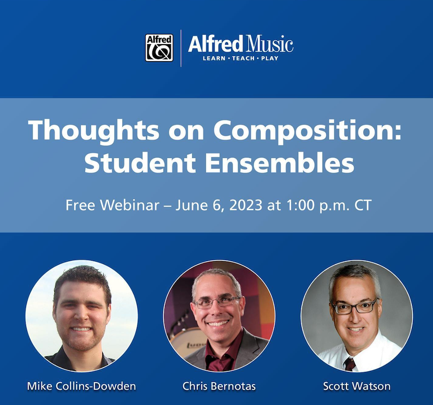 scott_watson's tweet photo. TODAY! Join me & @AlfredMusic composers Mike Collins-Dowden & Chris Bernotas at 2:00 pm EST (1:00 CT) for the FREE Webinar, THOUGHTS ON COMPOSITION, w/tips for director-composers/arrangers on refining your music.
https://t.co/LQ5K0etWxo
#composing #arranging #musicedPD https://t.co/Vne1aLuwUx