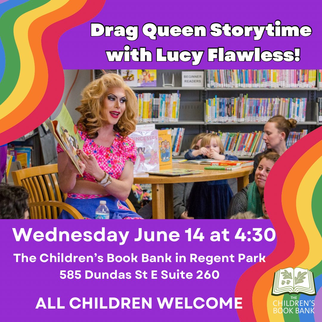 BookBankCanada's tweet photo. We are so excited to be hosting @thelucyflawless for a Drag Queen Storytime next Wednesday, June 14 at 4:30 PM at The Children's Book Bank in Regent Park!
#TorontoKids #KidsTO #torontokidsevents #DragQueenStorytime #PrideMonth #TorontoPride #PrideToronto #PrideforKids https://t.co/iyYpNFxDac