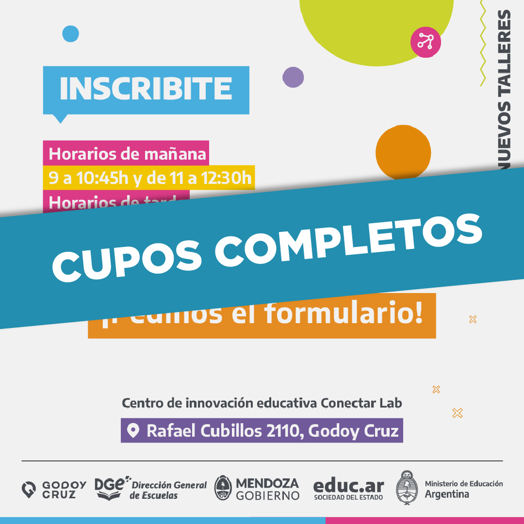 MuniGodoyCruz's tweet photo. 📢 ¡Importante! Se completaron los cupos para los talleres en #ConectarLAB 🚀

👏 ¡Muchas gracias por sumarse! https://t.co/dACfCVhrnJ