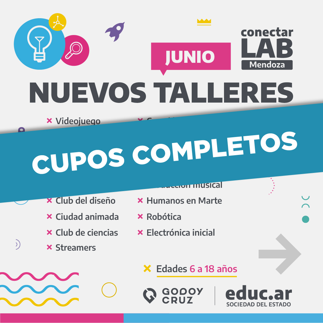 MuniGodoyCruz's tweet photo. 📢 ¡Importante! Se completaron los cupos para los talleres en #ConectarLAB 🚀

👏 ¡Muchas gracias por sumarse! https://t.co/dACfCVhrnJ