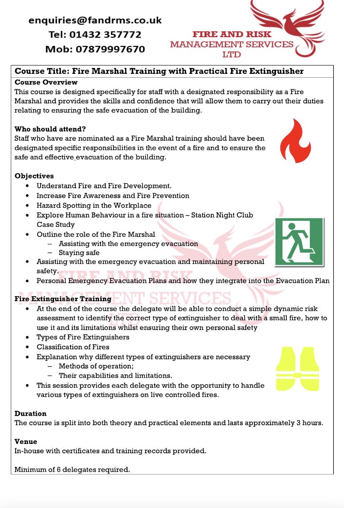 🔥Fire Marshal Training🔥

🧯We are running an open Fire Marshal course at Hereford First Aid on Wednesday 5th July, which includes the use of fire extinguishers. 🧯

📞Contact us or Hereford First Aid Training today to book your place on the course.📞

#firesafety #training