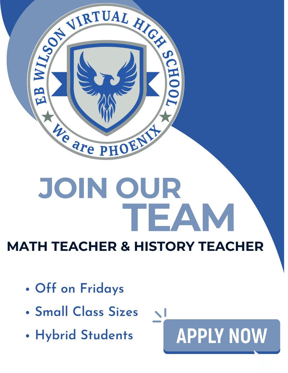 Interested in joining our awesome and dynamic school team? Please reach out to Dr. Tanya Whittaker at tanya.whittaker@sumnercountyschools.org. We are currently looking for a Math and History teacher.

#wearephoenix #JoinOurTeam  #hybridlearning #virtualhighschool