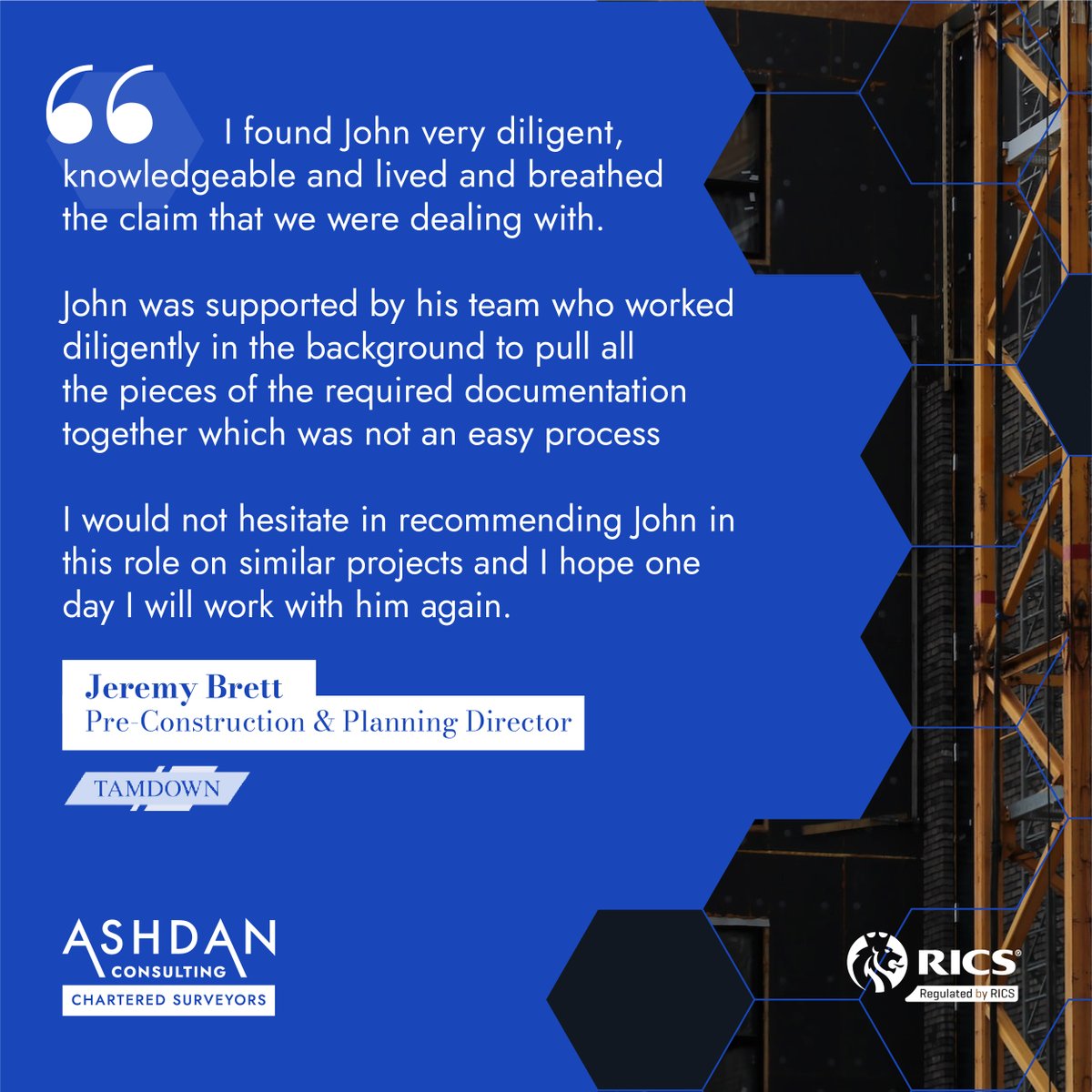 AshdanGroup's tweet photo. We are delighted to share the wonderful feedback we received from Jeremy Brett at @TamdownGroup. At Ashdan Consulting, we take great pride in providing exceptional client services, and Jeremy's testimonial is a testament to our commitment.

#ClientFeedback #ClientService https://t.co/rKHHviD1MQ