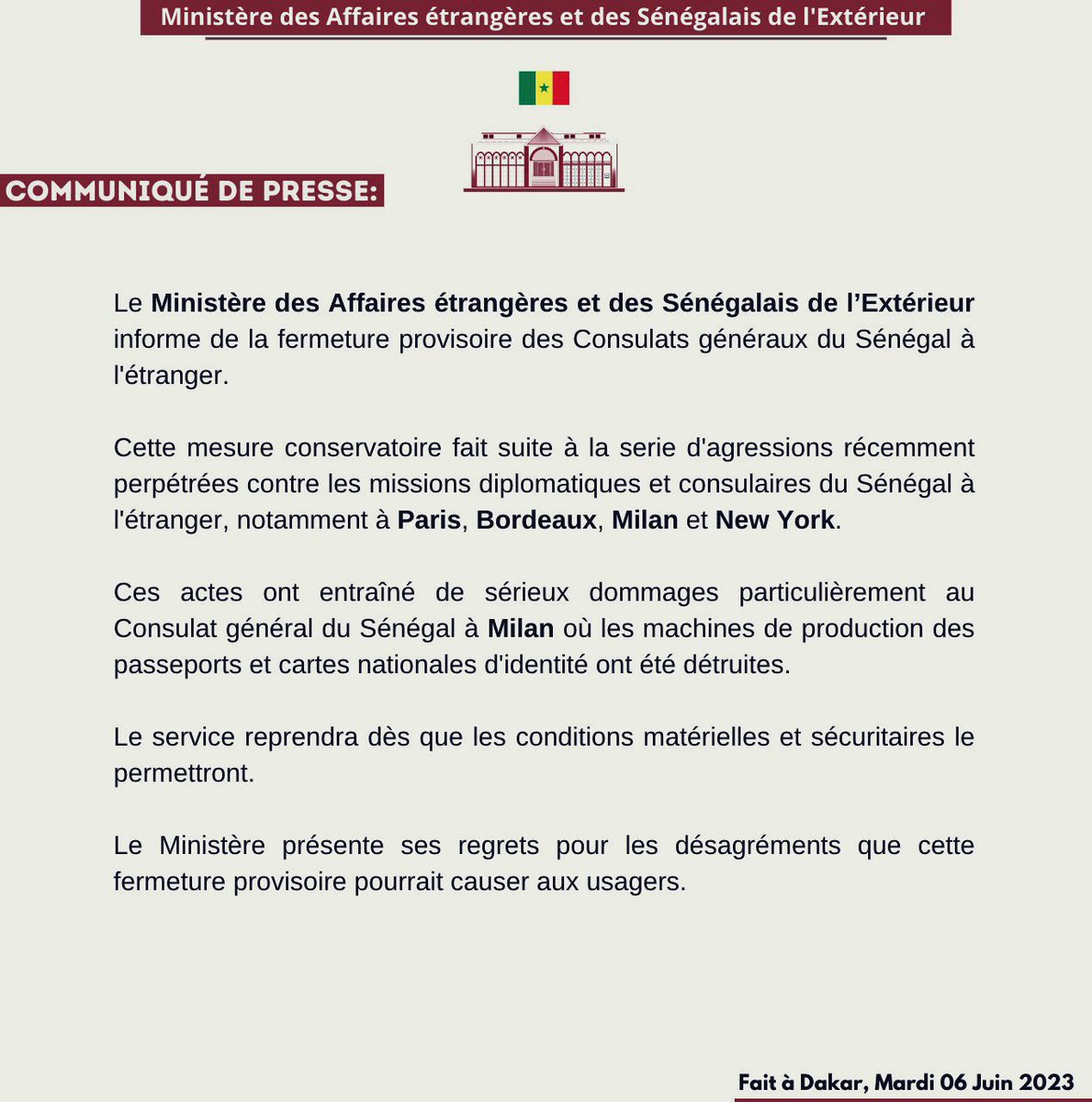 🇸🇳 The Minister of Foreign Affairs announces the temporary closure of all Senegalese consulates general abroad. When a state begins to fear its own citizens, the regime is doomed to fail. #FreeSenegal