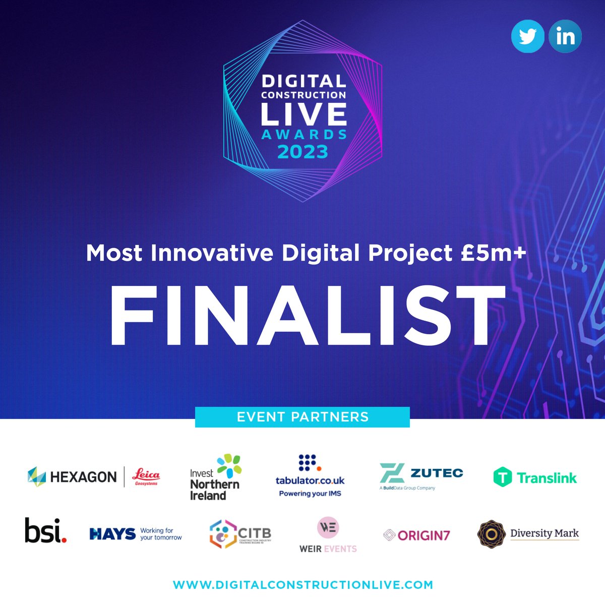 <a href="/DCliveNI/">Digital Construction Live</a> finalists!🏆🎉

We are delighted to announce that we have been shortlisted for the Most Innovative Digital Project £5m+ category and Digital Construction Champion category at the Digital Construction Live Awards in Belfast!