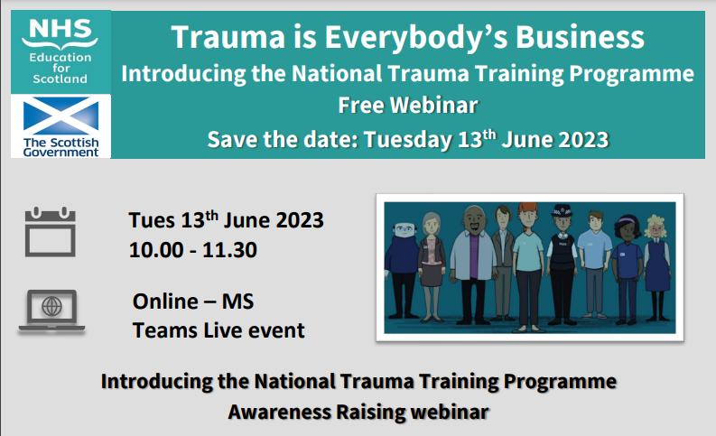 1 week to go! Over 1000 are signed up for our webinar ‘Introducing the National #Trauma Training Programme’. Colleagues from 3rd sector, public and private orgs coming together to be part of #TransformingPsychologicalTrauma. Still time to register at transformingpsychologicaltrauma.scot/events/