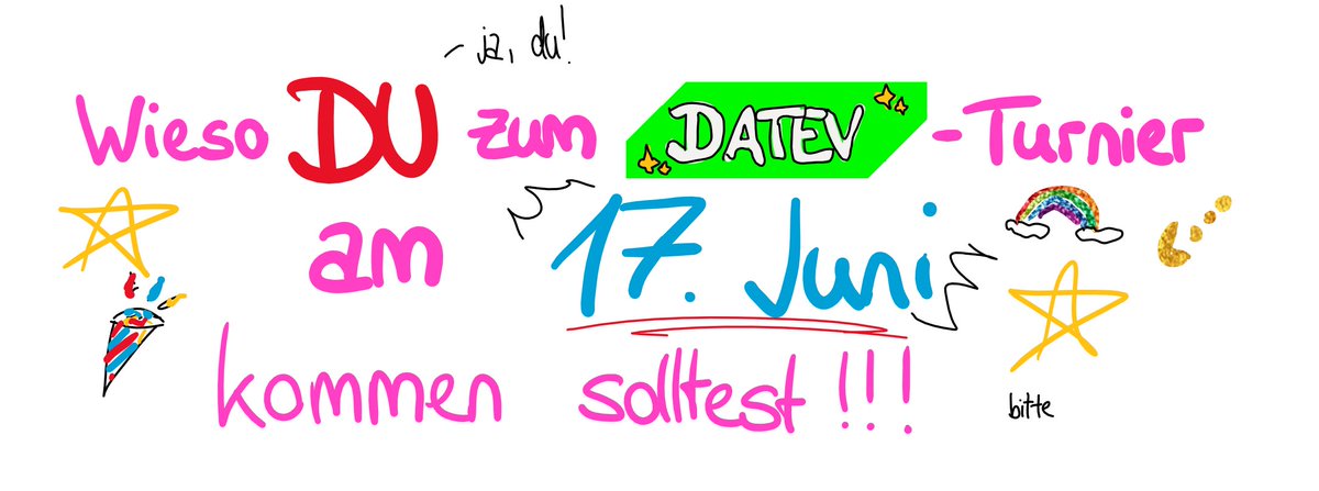 Tag 7! Somit der letzte Tag von:

Wieso DU (🫵) zum DATEV (🤖) - Turnier (🔥) am 17. Juni (🤗) kommen solltest ❗️❗️❗️

Weil wir nicht einen, nicht zwei, sondern DREI (3) Tage lang die Möglichkeit bieten zu grinden!
➡️ Do: Weekly ab 17 Uhr
➡️ Fr: Aufbaugrind ab 17 Uhr
➡️ Sa: DATEV