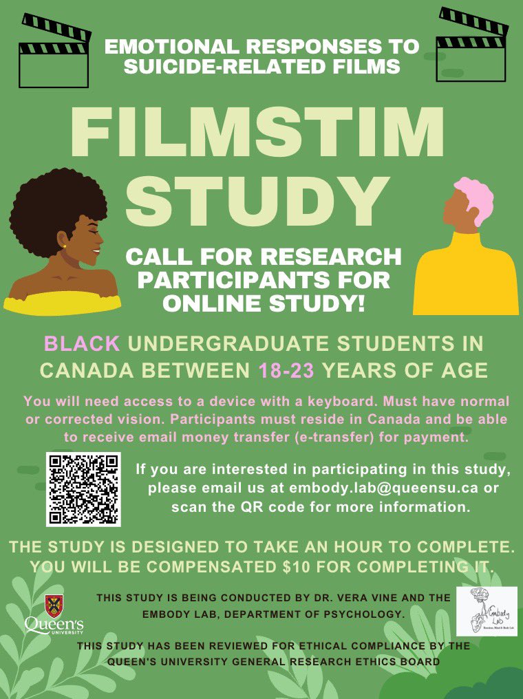 📽️ 🎞️ ⬇️ Calling Black young adults (18-23) in Canada for an online study. Help us make new film clips for more inclusive suicide prevention science. Clips are not gory and resemble content in mainstream media. Please rt and share🙏‼️ #psychtwitter