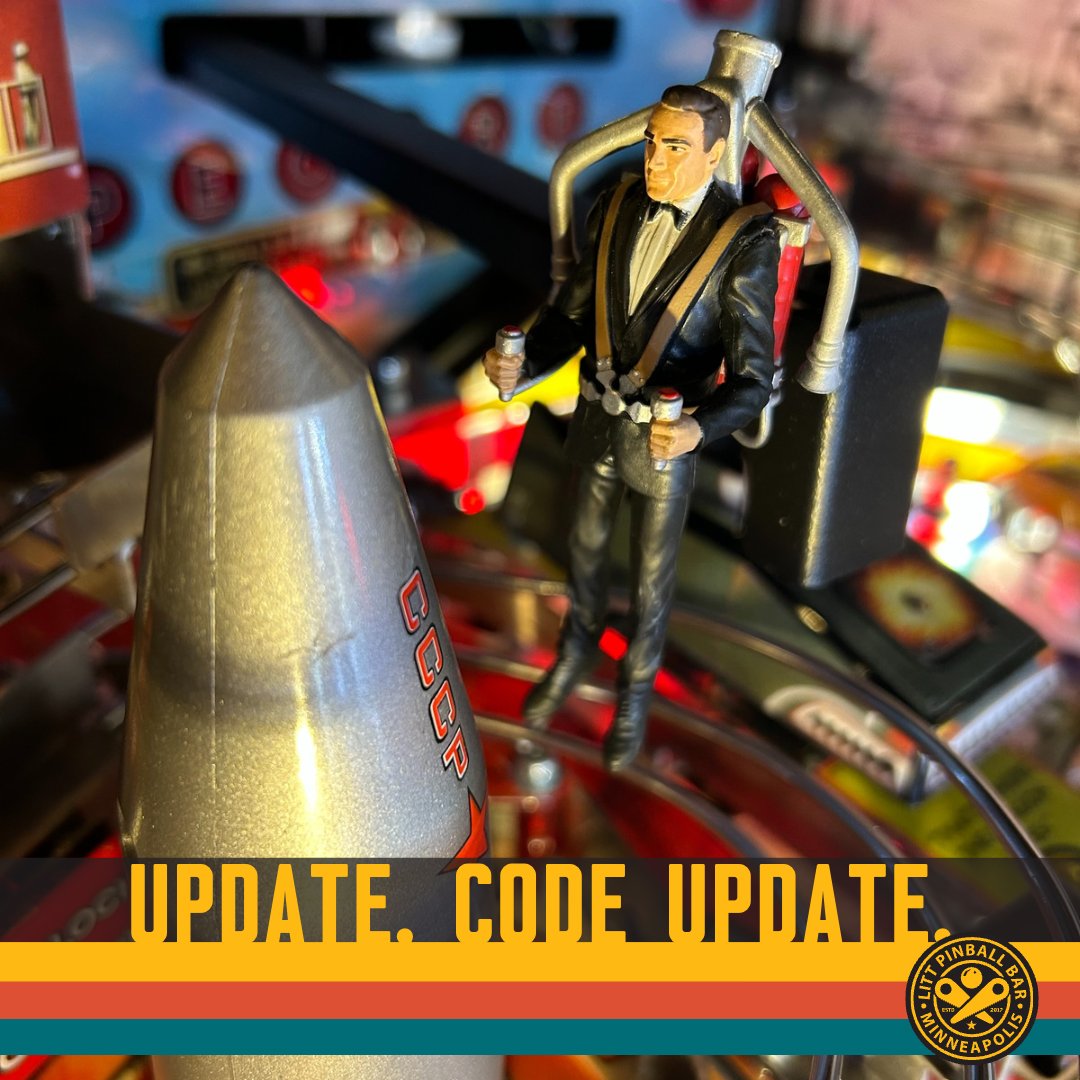 littpinballbar's tweet image. The name is Update, Code Update.
Bond LE got a MASSIVE code update from Stern today, just in time for Summer league kickoff tonight! The list is extensive, but the biggest part is THE ACTION BUTTON NOW APPLIES THE PLAYFIELD MULTIPLIER.
#littpinballbar #pinball #codeupdate