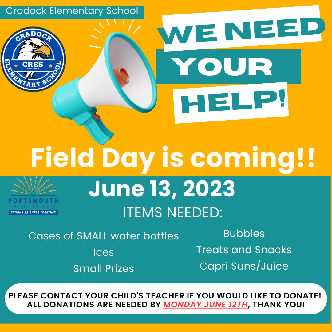 FIELD DAY IS COMING!! How can you help? CRES is in need of donations to make this day possible!! Please see attached flyer and contact your child’s teacher to donate items. THANK YOU in advance! #EagleNatiom #PPS @JolleyLa @MrsFergusonCrES @CeeColeman3