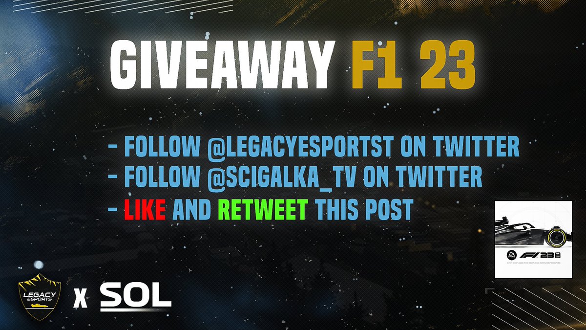 🚨 GIVEAWAY F1 23!!! 🤝We're giving away one copy of the #F123 Standard Edition! ❓ What do you have to do to participate in giveaway? - follow us on Twitter - follow @scigalka_tv - like and retweet this tweet 📆Winner will be announced 12.06.2023 - after 7pm, good luck!