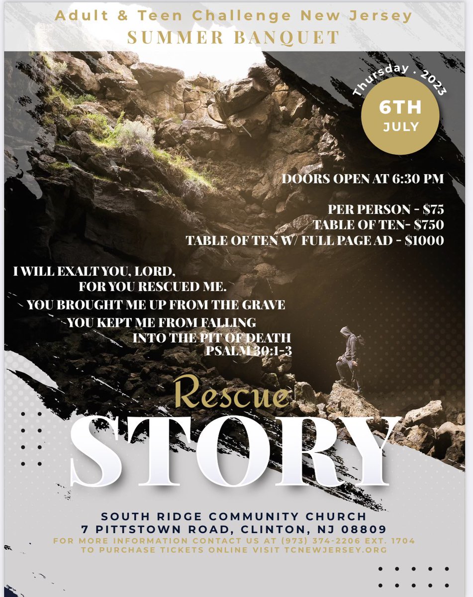 tcnewjersey's tweet photo. Come join us for our summer Banquet “Rescue Story” on July 6th and experience exciting testimonies, music, and a meal together. 
We always fill up quickly for this event, so book your table today! 

#tcnewjersey #hope #addiction #drugepidemic #opiodcrisis #drugaddiction #sobriety https://t.co/UH1HAwPJYB